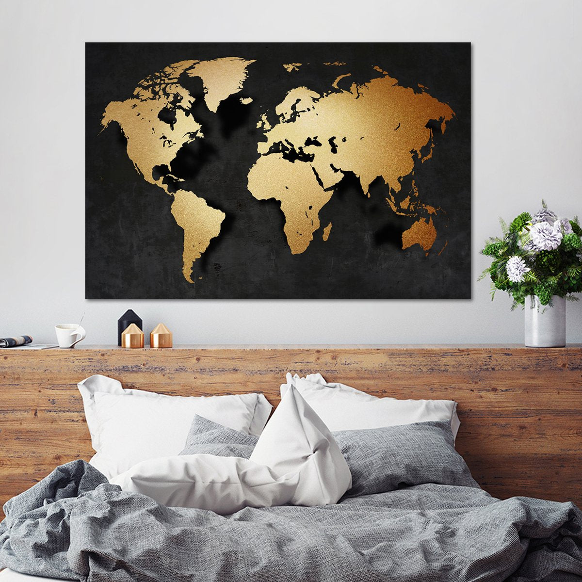 3D Golden World Map Multi Panel Canvas Wall Art