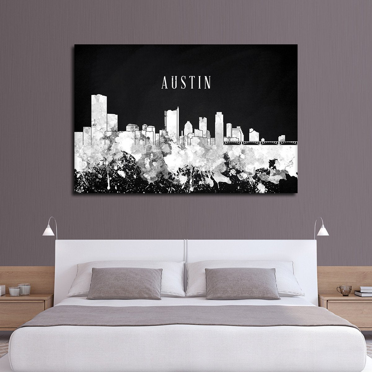 Austin Watercolor Skyline BW Multi Panel Canvas Wall Art