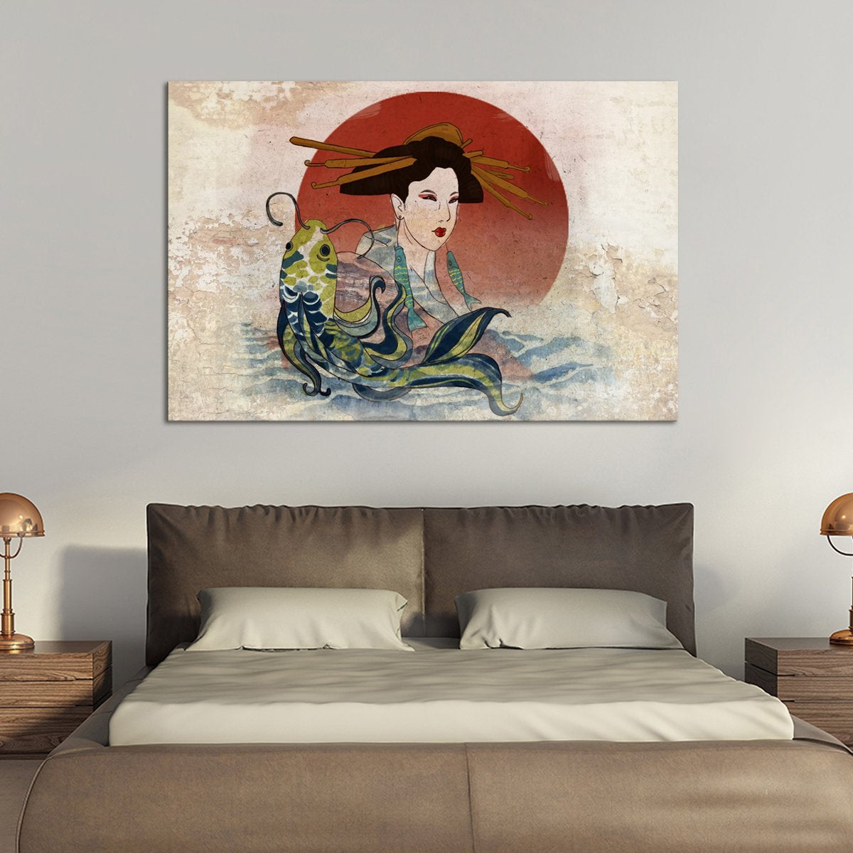 Graceful Koi And Geisha Multi Panel Canvas Wall Art
