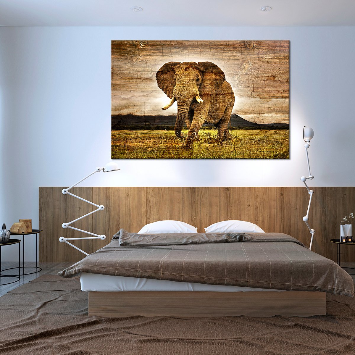 Wooden Elephant Landscape Multi Panel Canvas Wall Art