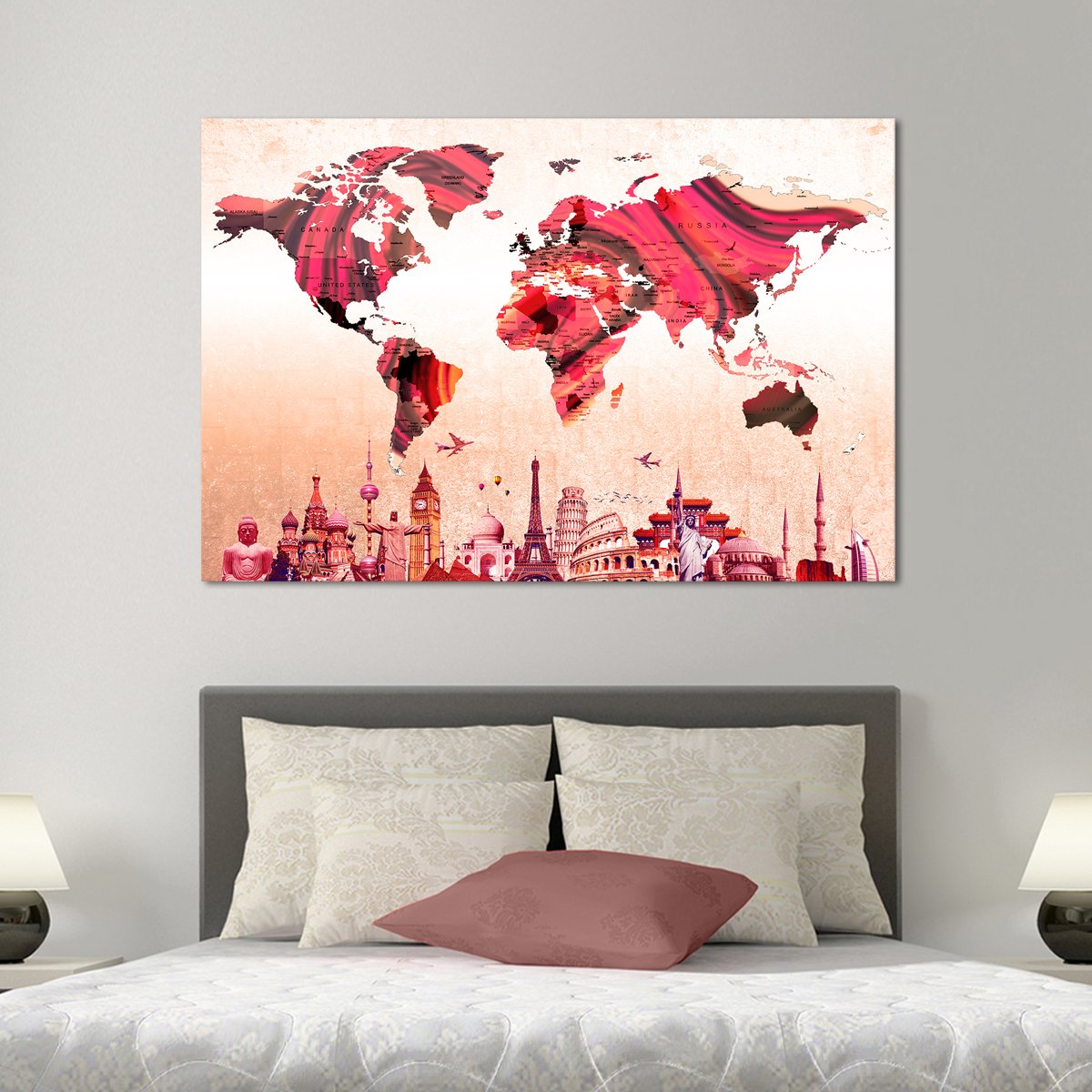 Textured Rose Gold World Map Masterpiece Multi Panel Canvas Wall Art
