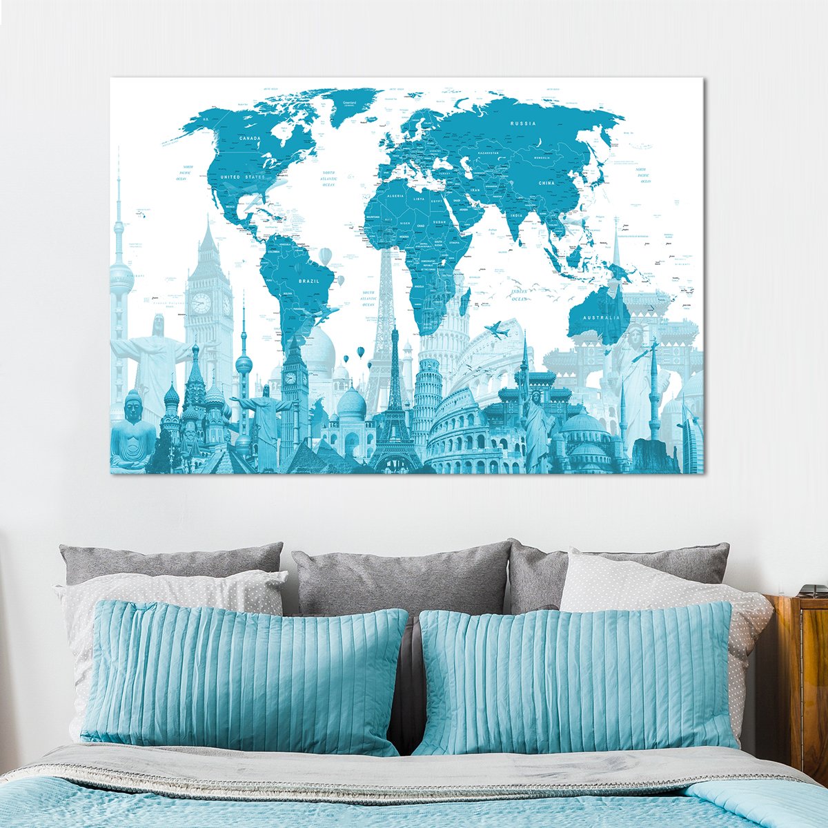 Mystic Blue World Map Masterpiece Multi Panel Canvas Wall Art