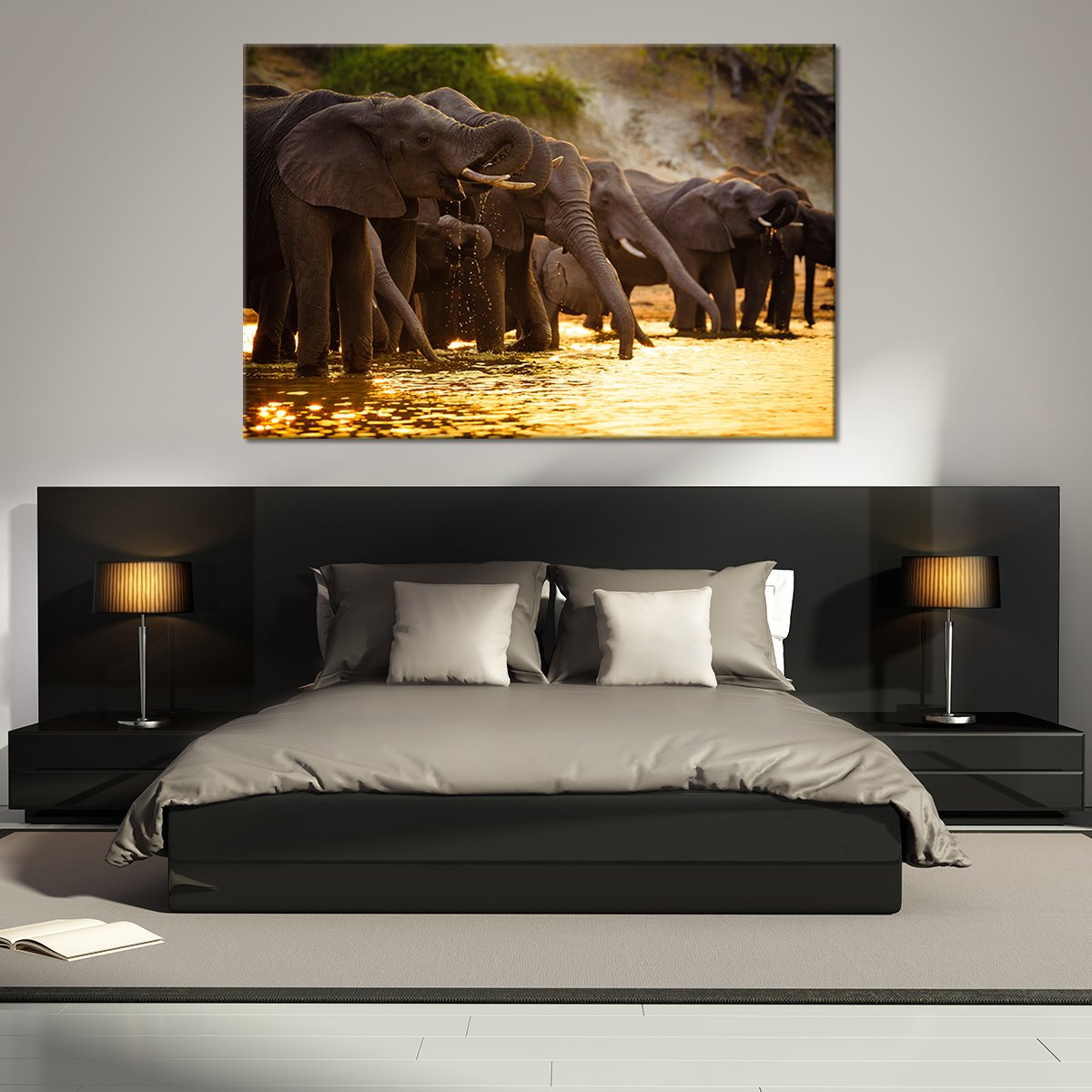 Elephants in Savanna Multi Panel Canvas Wall Art