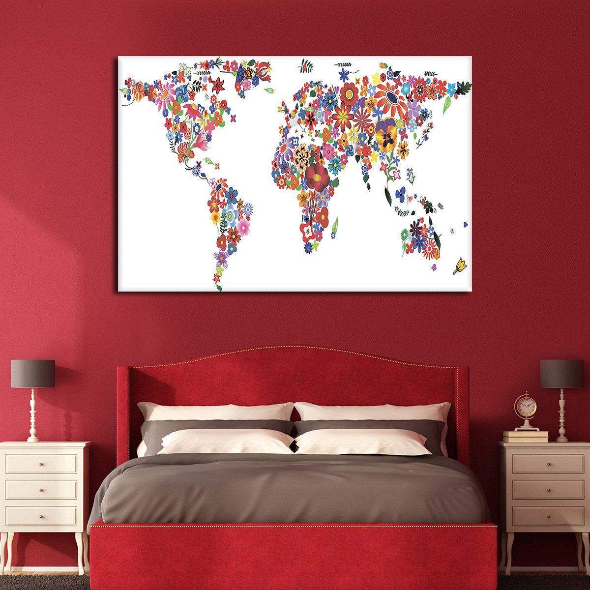 Blooming Flower World Map Multi Panel Canvas Wall Art