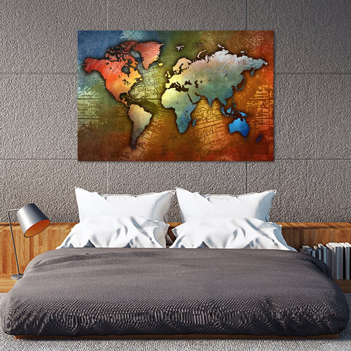Colorful Metal World Map Multi Panel Canvas Wall Art