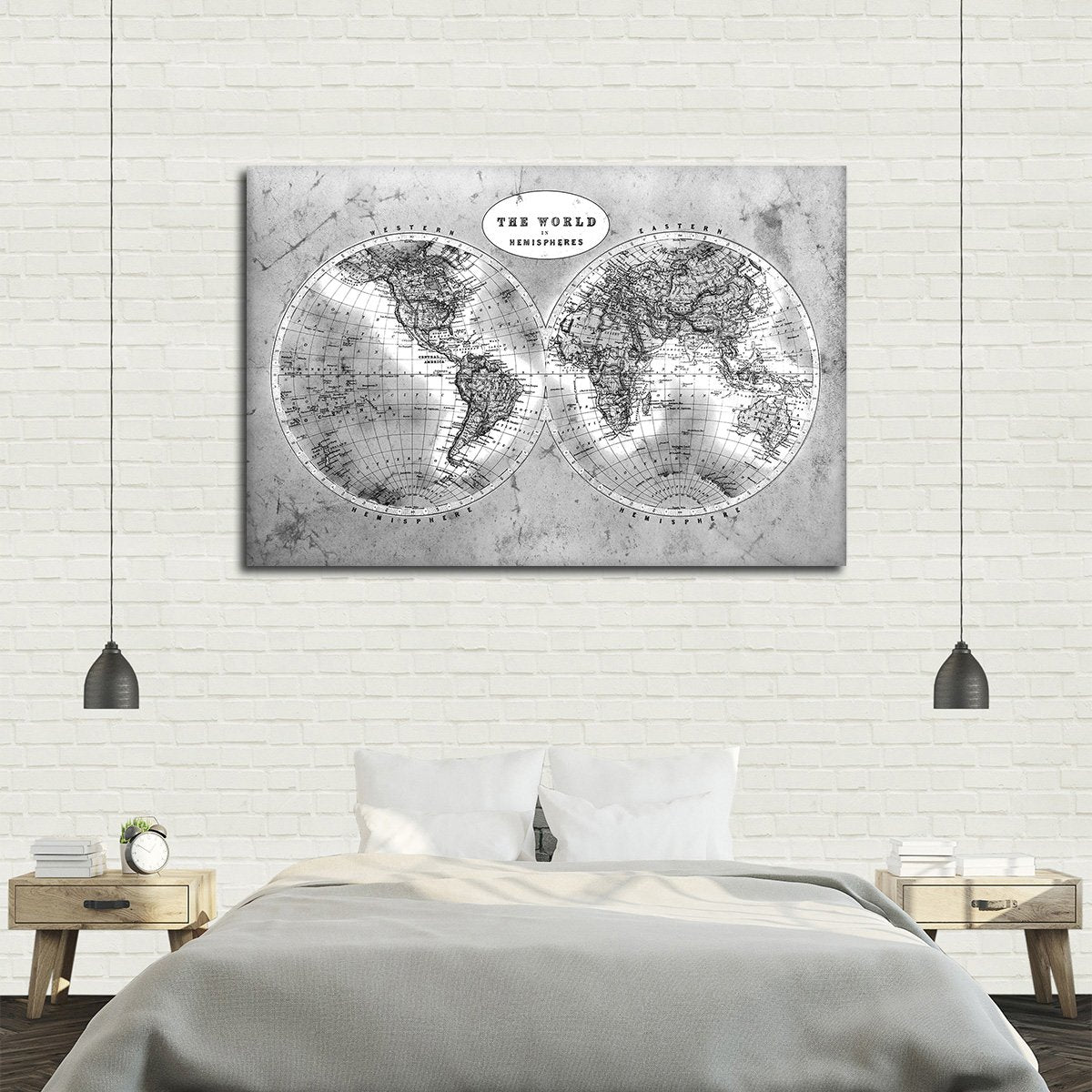 Discover The World Map BW Multi Panel Canvas Wall Art