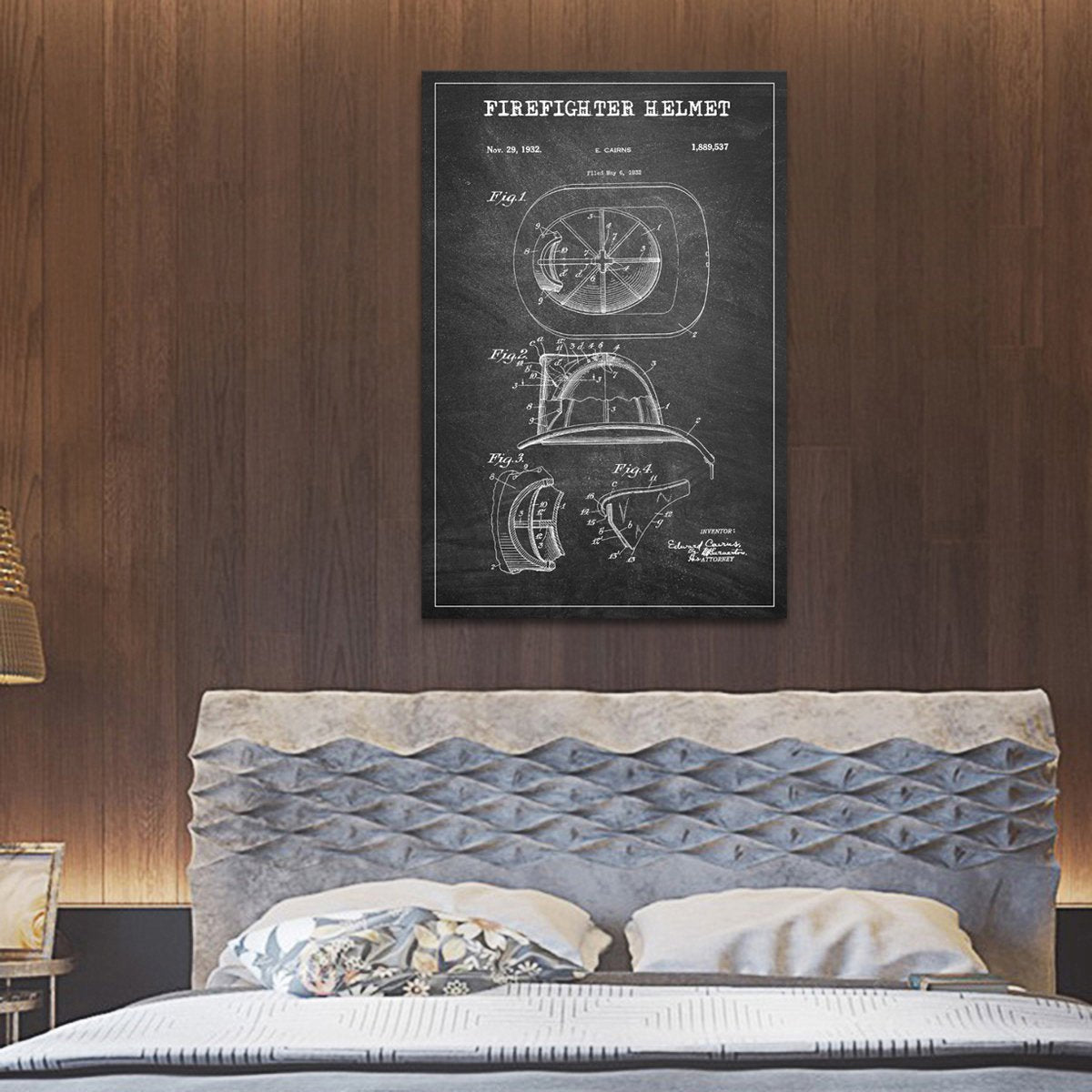 Firefighter Helmet Patent BW Canvas Wall Art