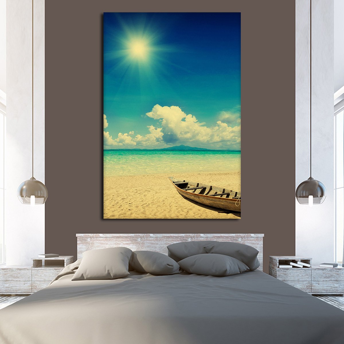Fishing Boat On Sunny Beach Multi Panel Canvas Wall Art