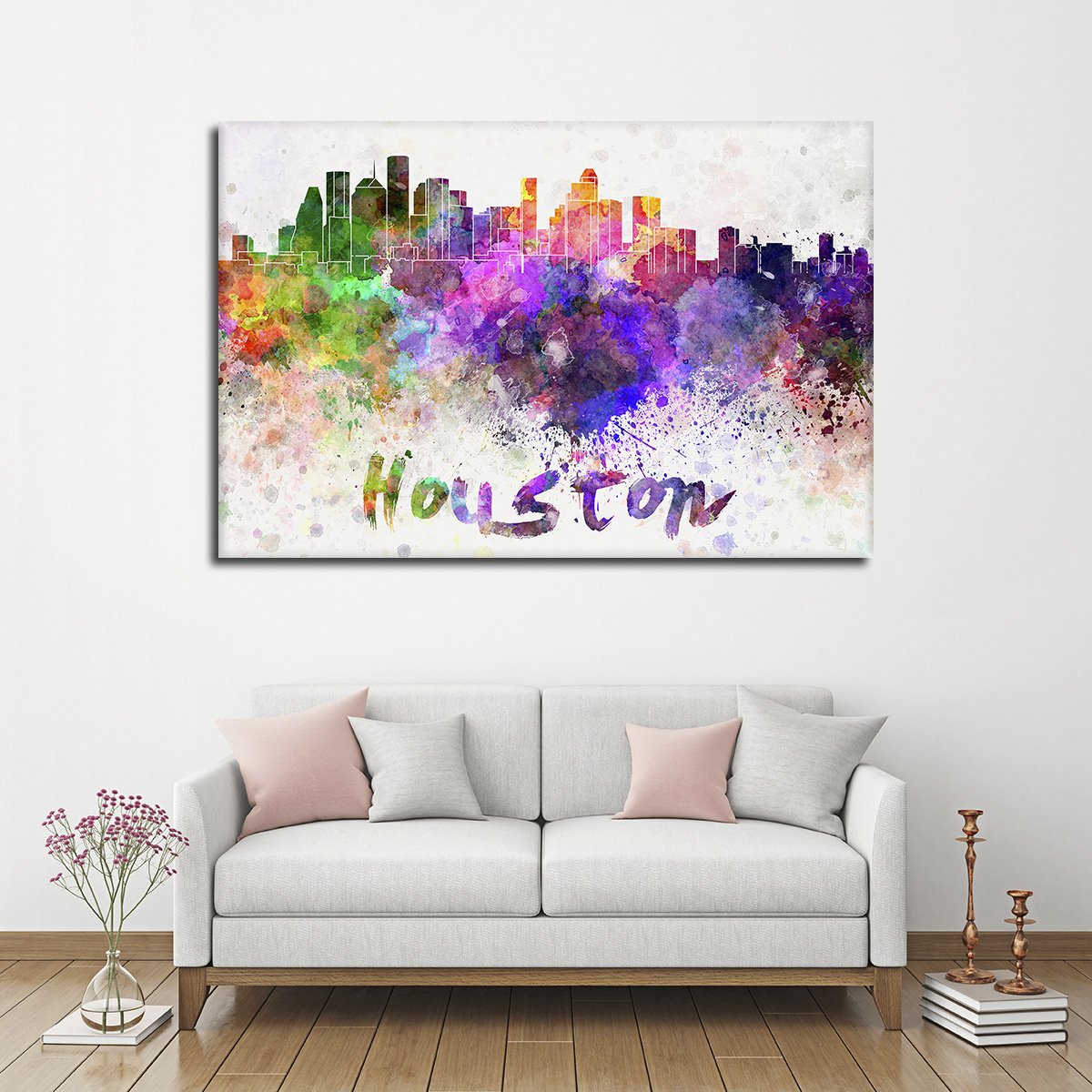 Houston Watercolor Skyline Multi Panel Canvas Wall Art