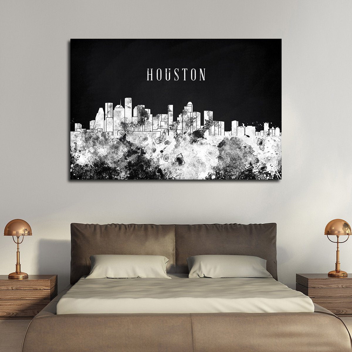 Houston Watercolor Skyline BW Multi Panel Canvas Wall Art