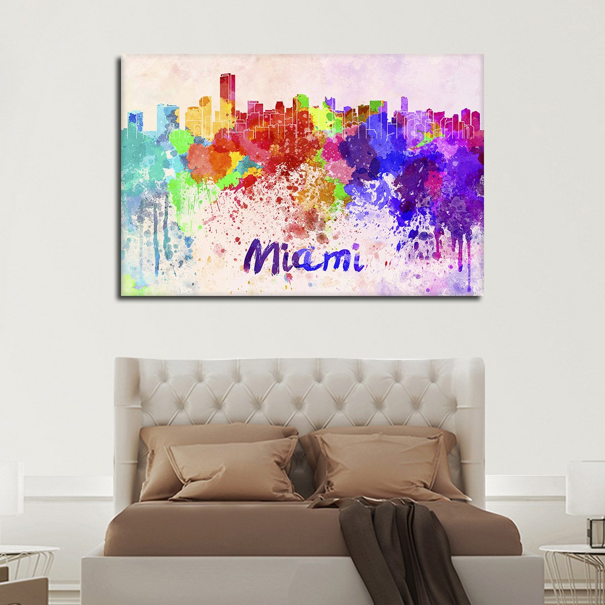 Miami Watercolor Skyline Multi Panel Canvas Wall Art