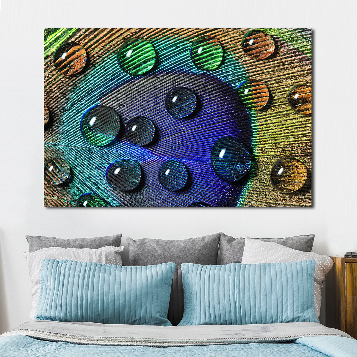 Peacock Feather with Drops Multi Panel Canvas Wall Art