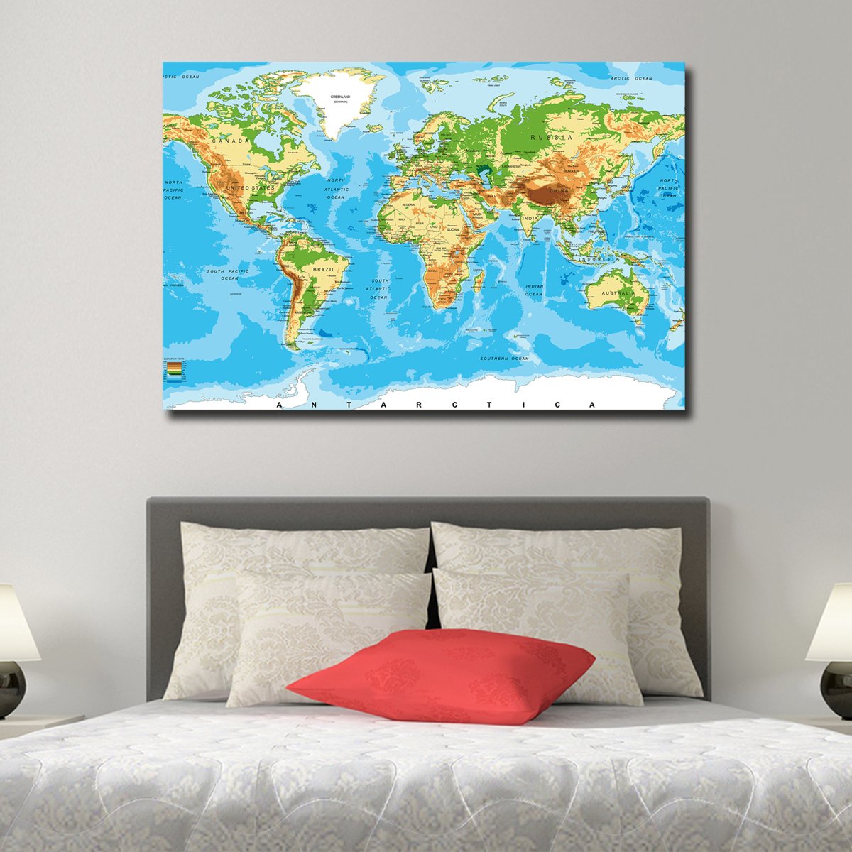 Physical World Map Multi Panel Canvas Wall Art