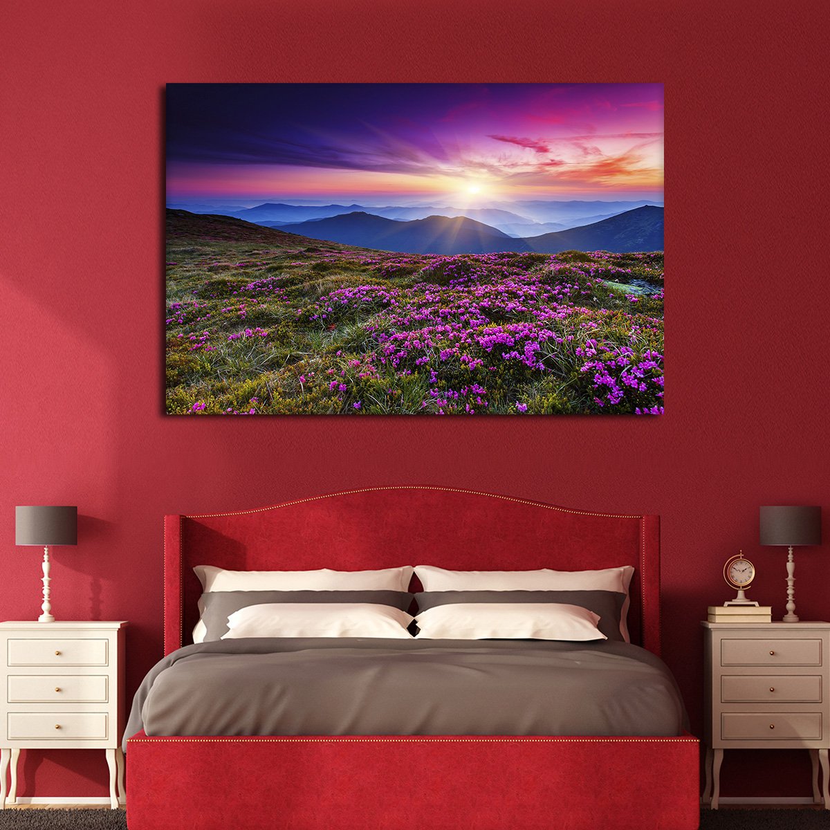 Pink Flowers at Sunset Multi Panel Canvas Wall Art