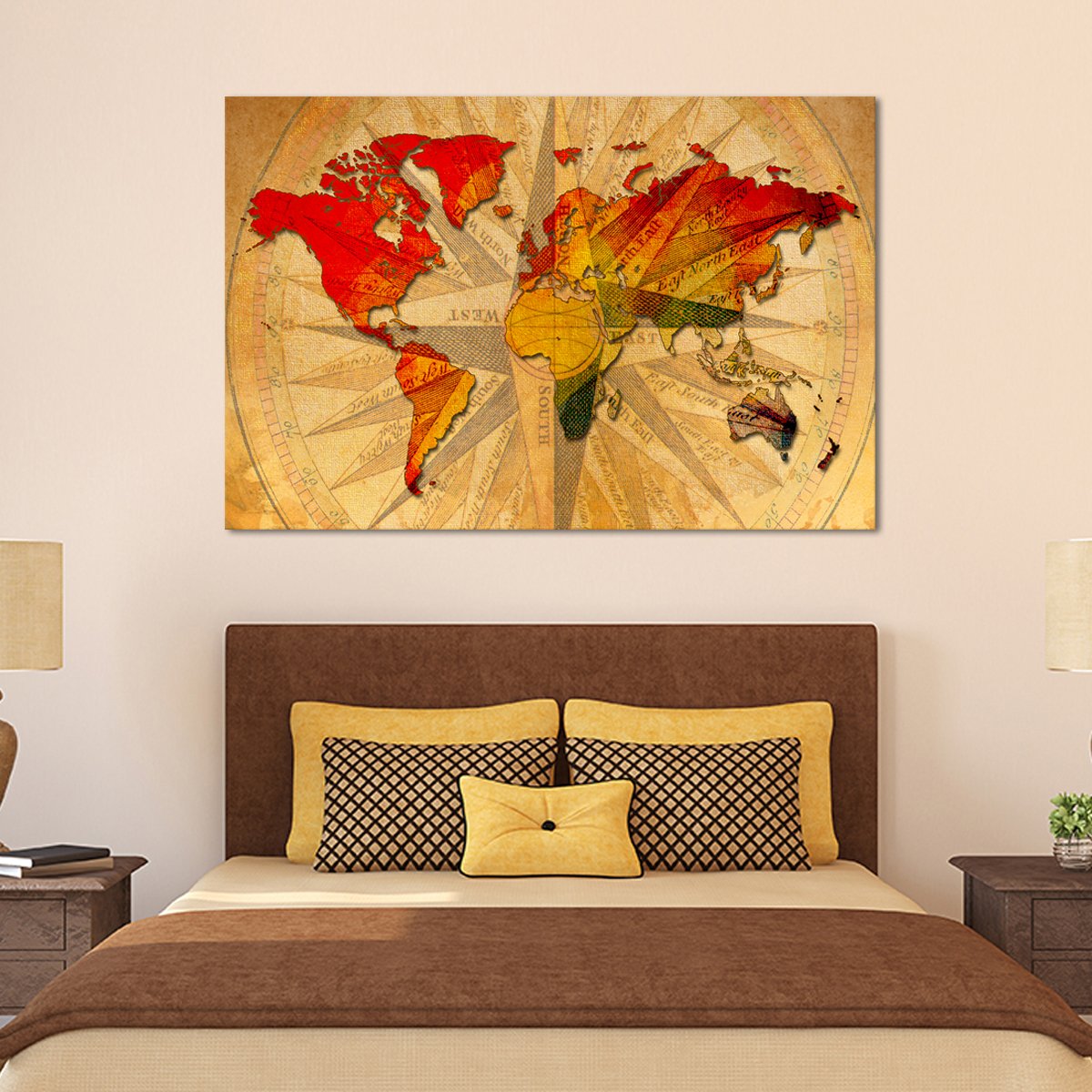 Rare Compass World Map Multi Panel Canvas Wall Art