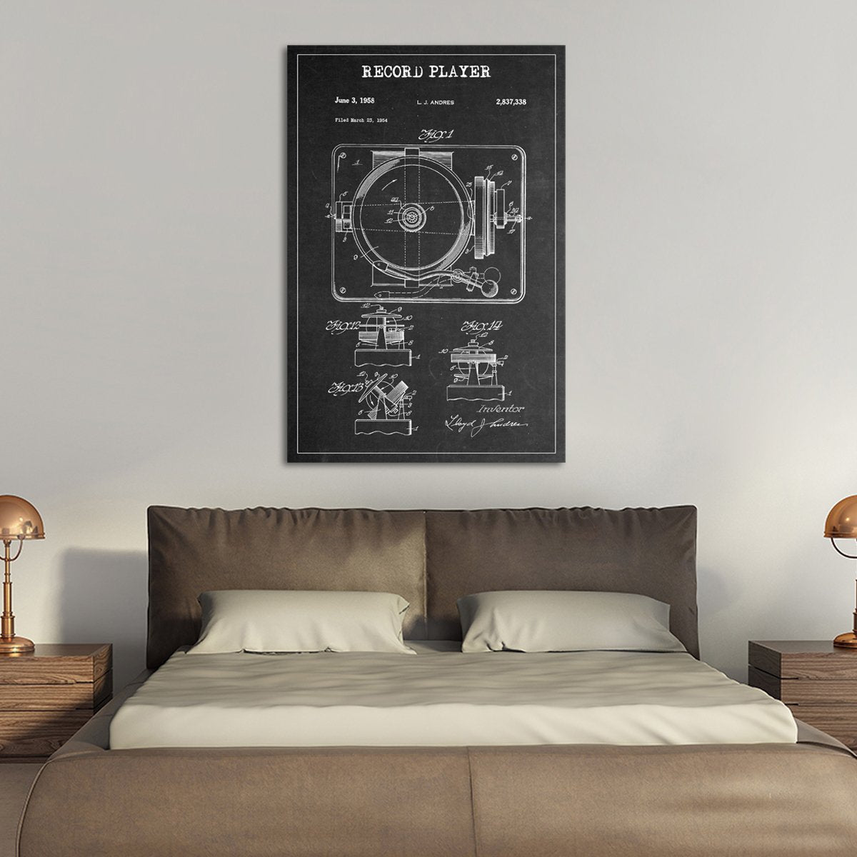 Record Player Patent BW Canvas Wall Art