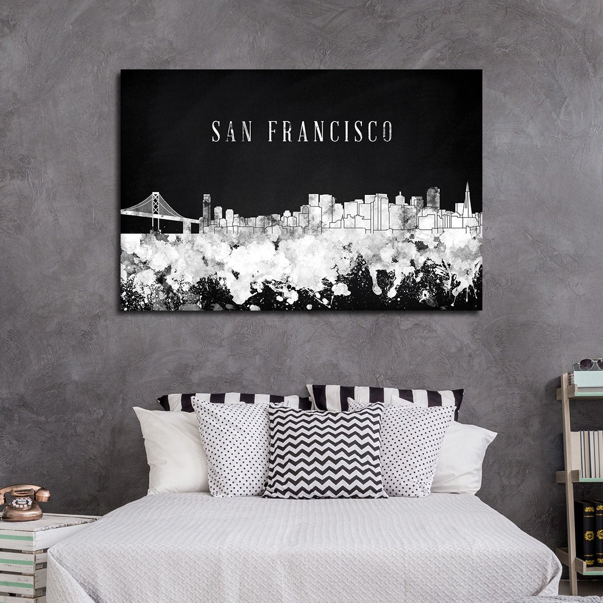 San Francisco Watercolor Skyline BW Multi Panel Canvas Wall Art