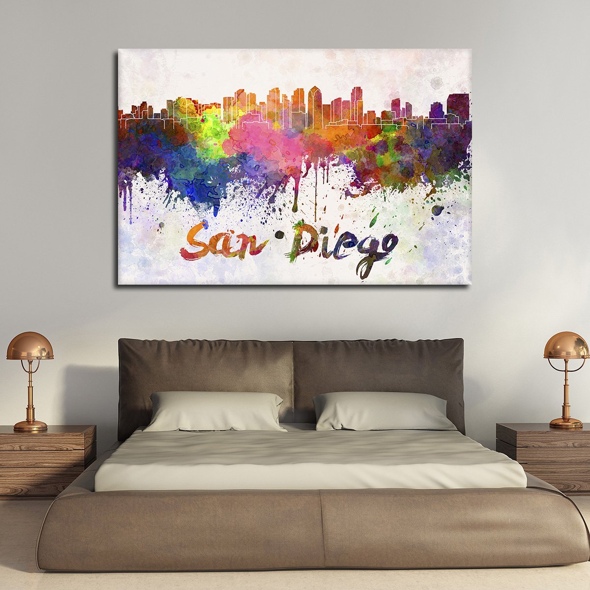San Diego Watercolor Skyline Multi Panel Canvas Wall Art