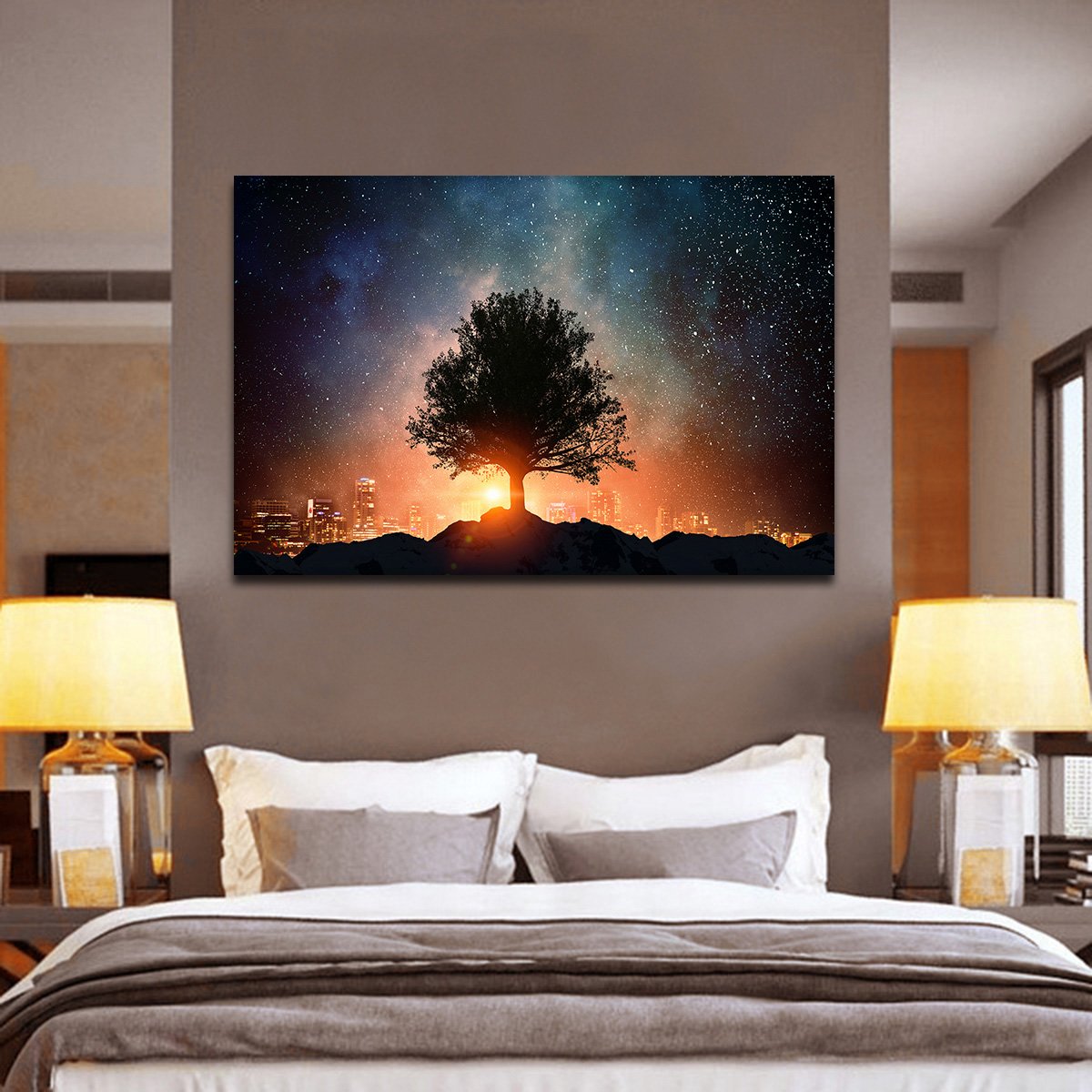 Starry Tree Silhouette Multi Panel Canvas Wall Art
