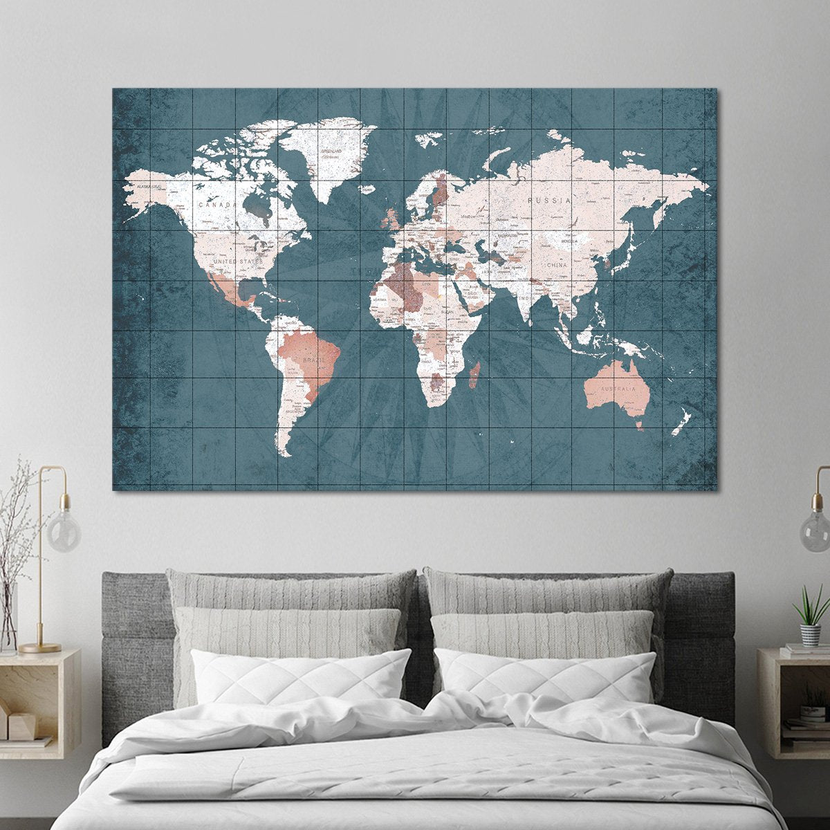 Steel Blue World Map Multi Panel Canvas Wall Art