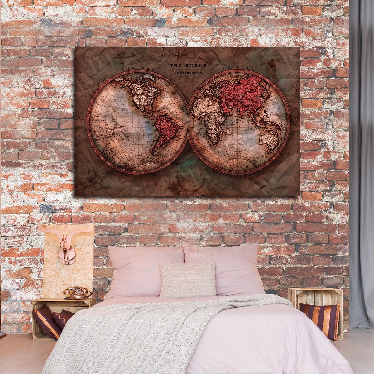 Vintage Crumbled Hemispheres Map Multi Panel Canvas Wall Art