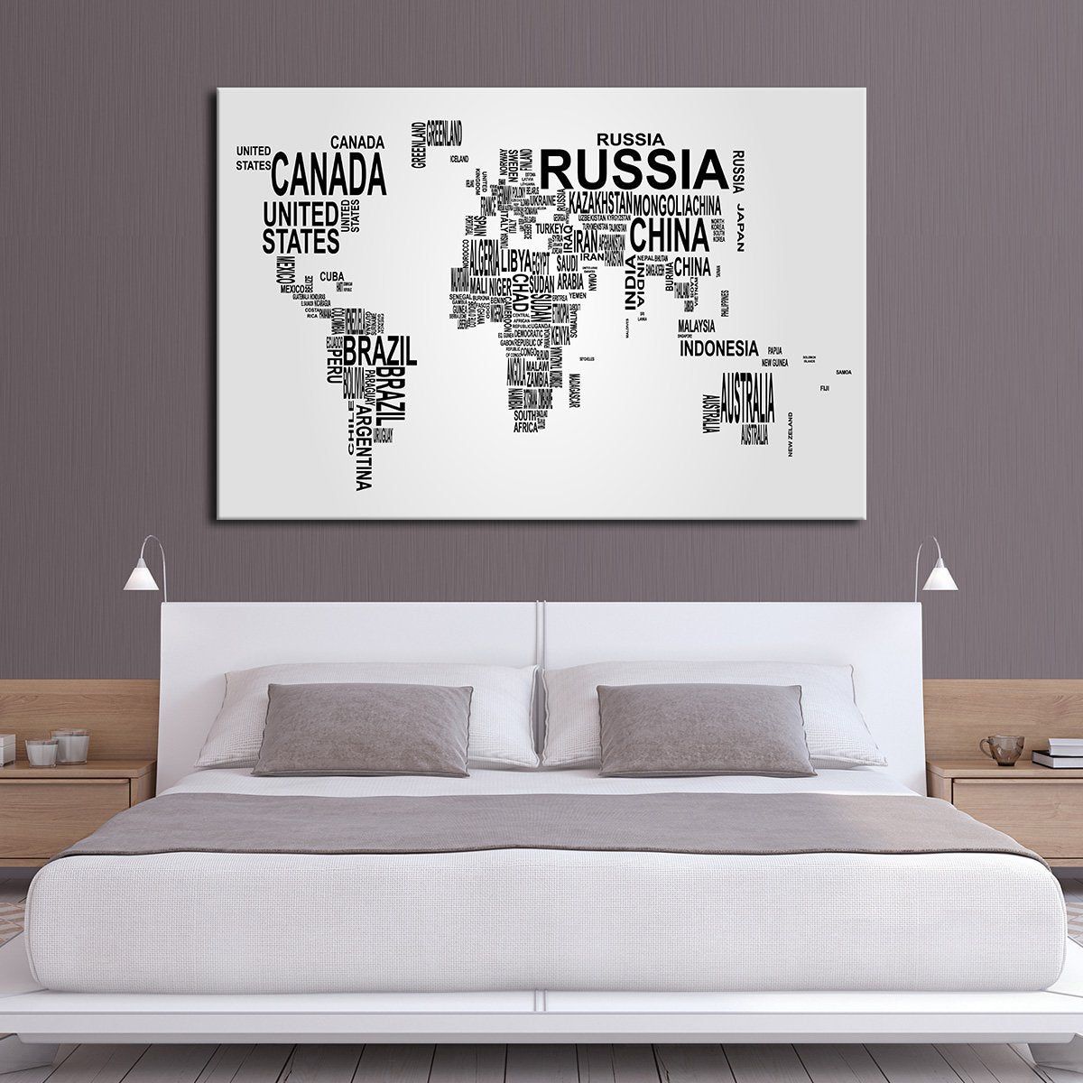 World Typography Map Multi Panel Canvas Wall Art