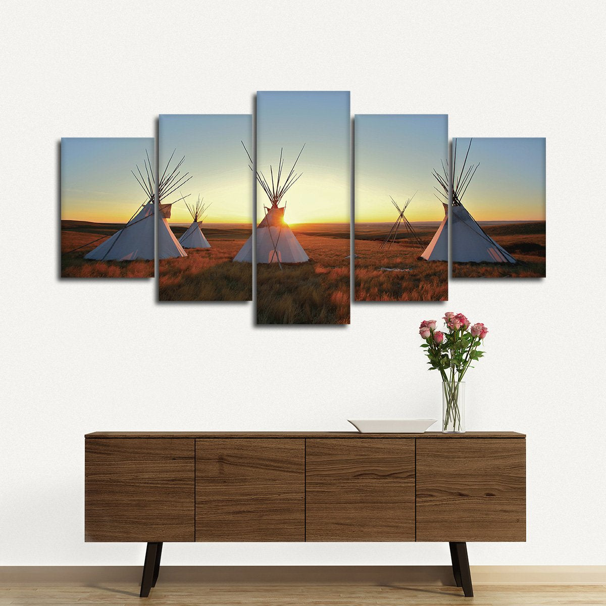 Teepees At Sunset Multi Panel Canvas Wall Art