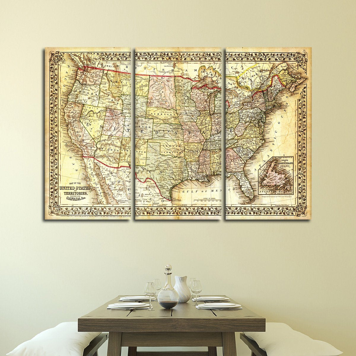 Vintage USA Map Multi Panel Canvas Wall Art