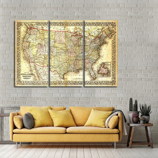 Vintage USA Map Multi Panel Canvas Wall Art