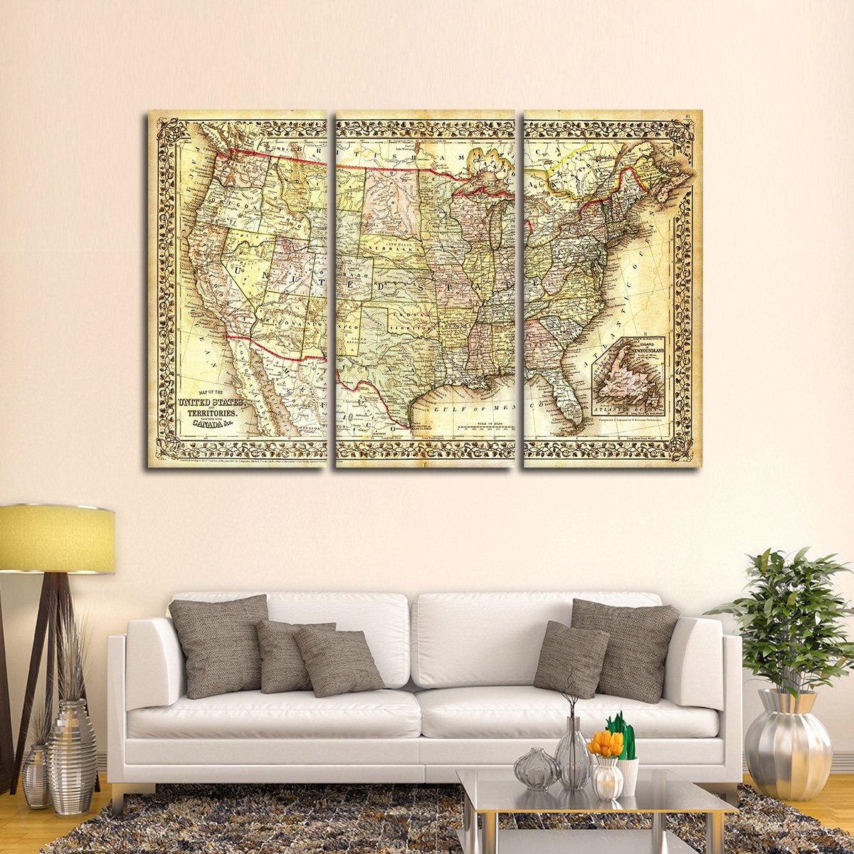 Vintage USA Map Multi Panel Canvas Wall Art