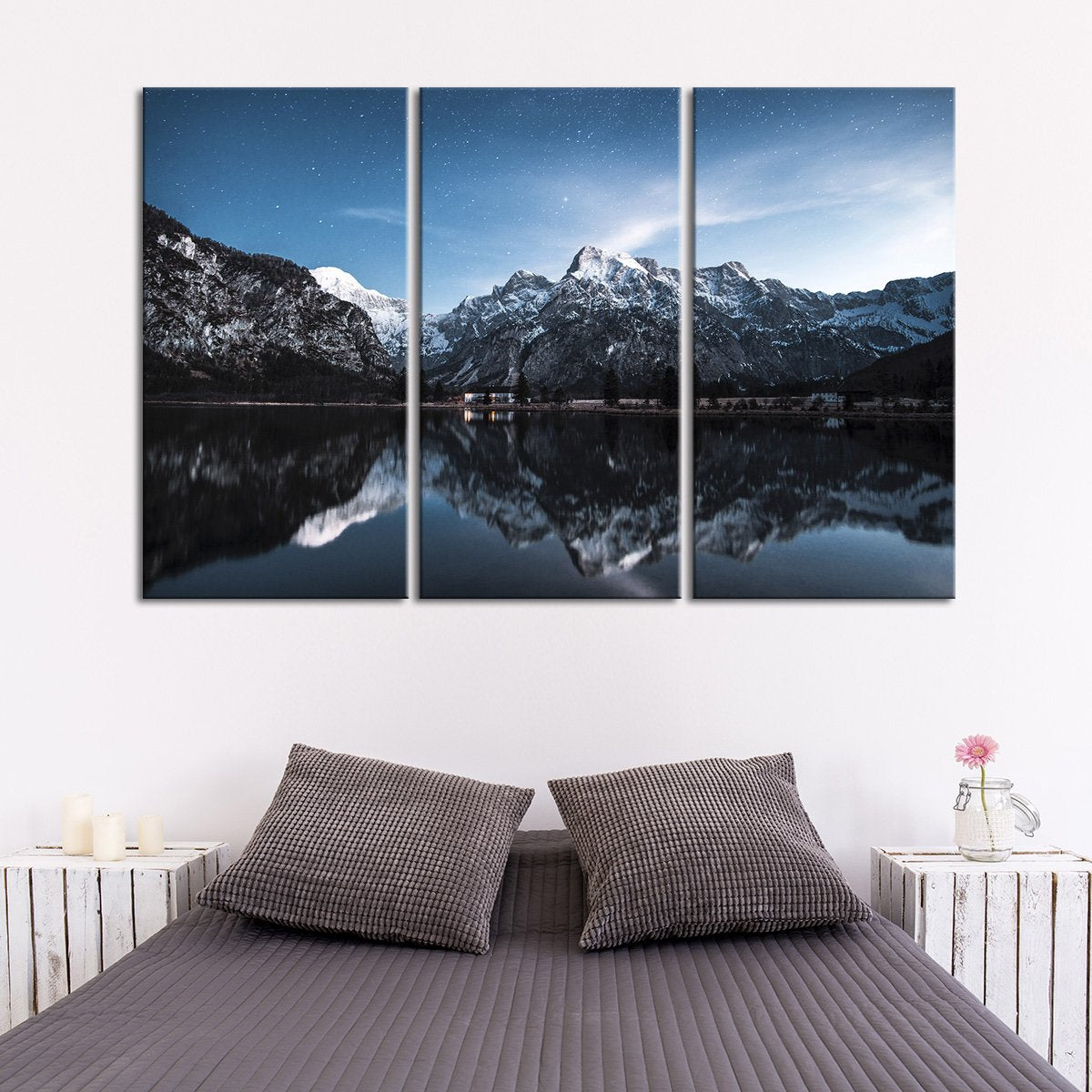 Snowy Mountain Peaks Reflection Multi Panel Canvas Wall Art