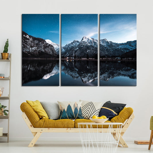 Snowy Mountain Peaks Reflection Multi Panel Canvas Wall Art