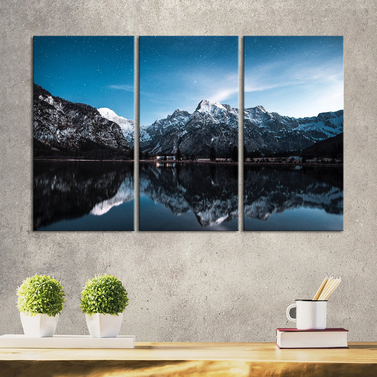 Snowy Mountain Peaks Reflection Multi Panel Canvas Wall Art