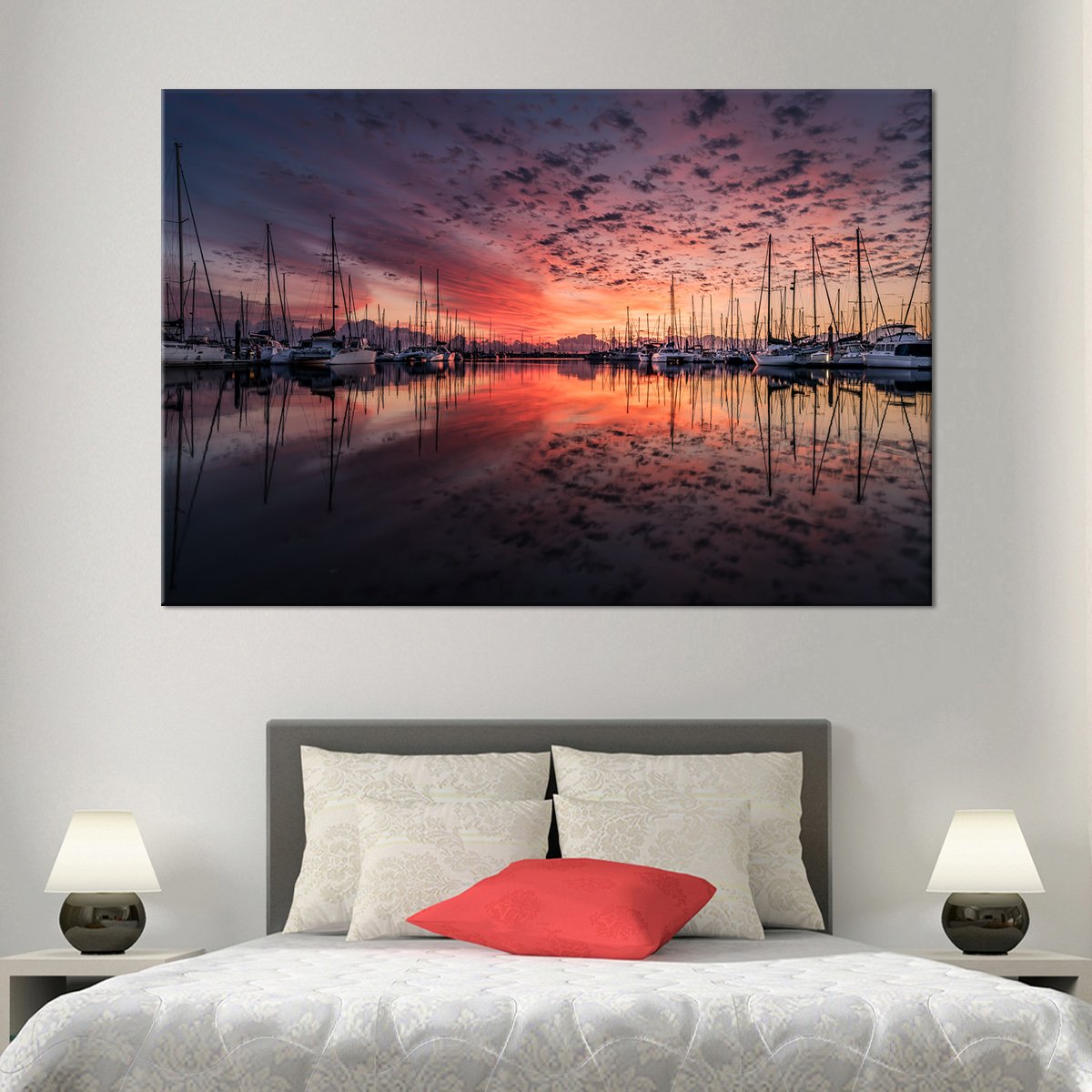 Docked Boats At Sunset Multi Panel Canvas Wall Art