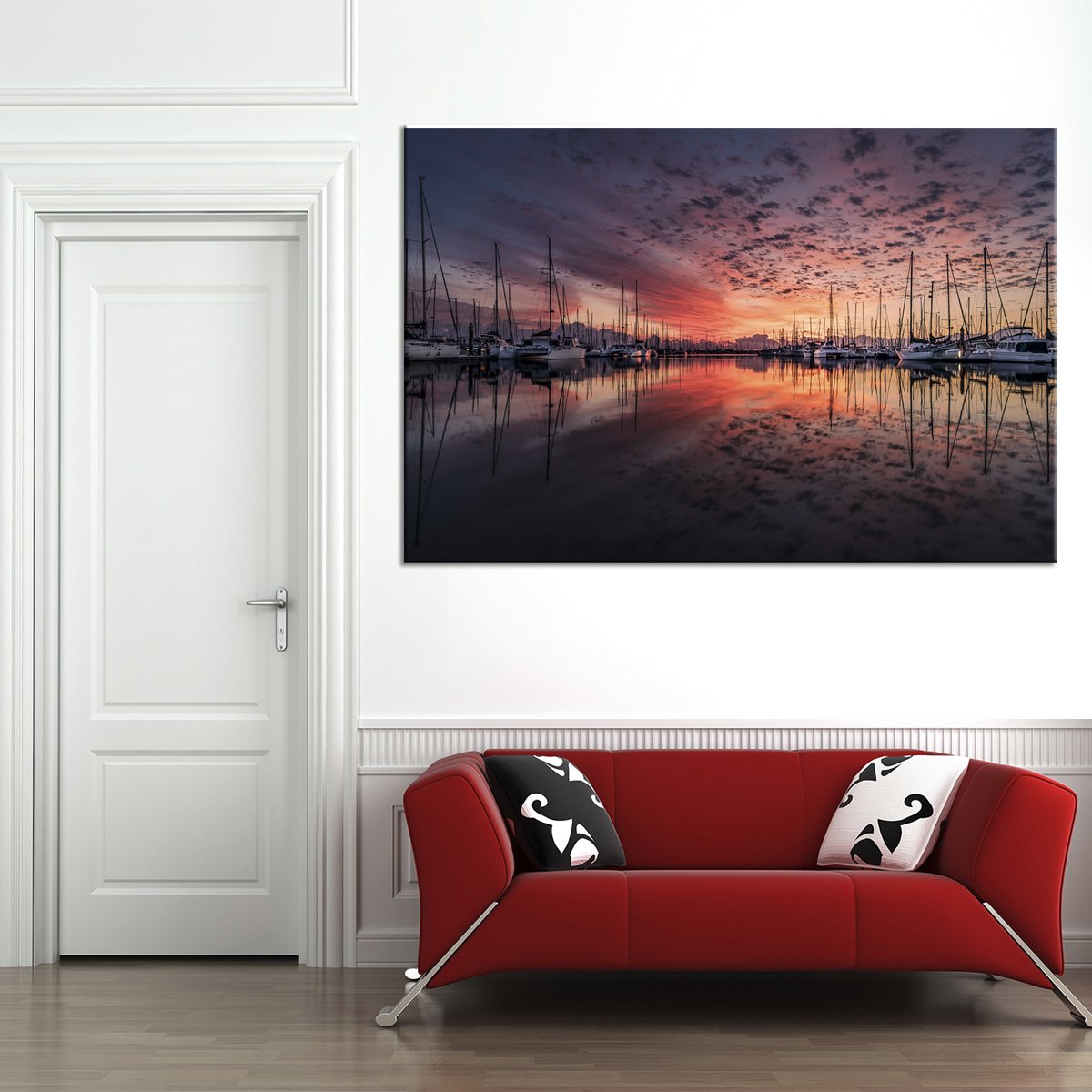 Docked Boats At Sunset Multi Panel Canvas Wall Art