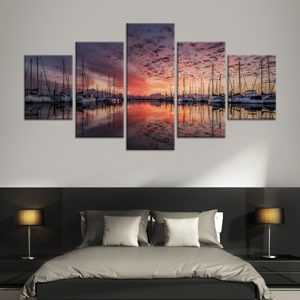 Docked Boats At Sunset Multi Panel Canvas Wall Art