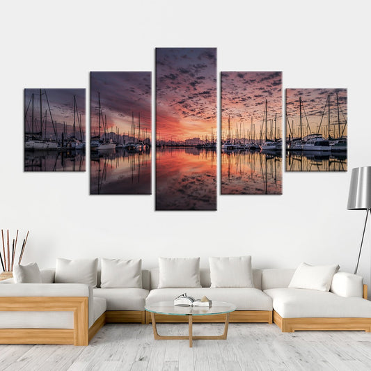 Docked Boats At Sunset Multi Panel Canvas Wall Art