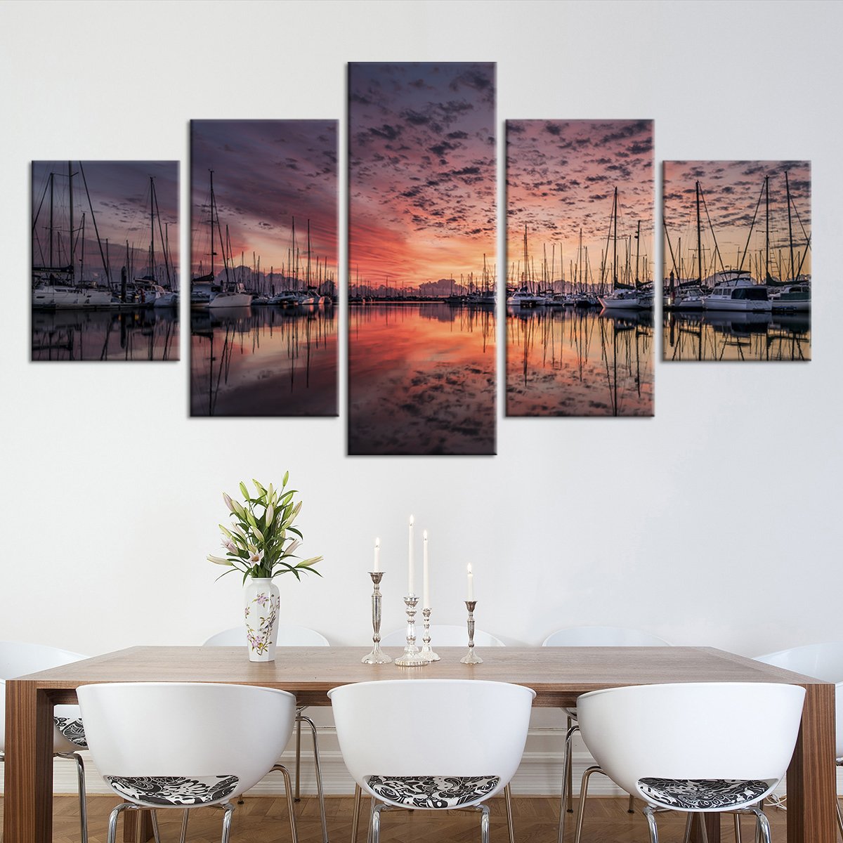 Docked Boats At Sunset Multi Panel Canvas Wall Art