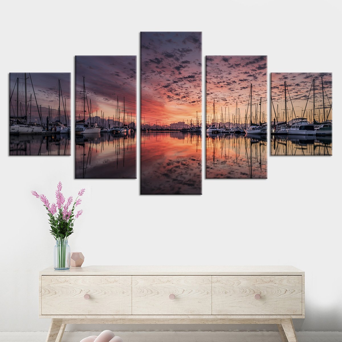 Docked Boats At Sunset Multi Panel Canvas Wall Art
