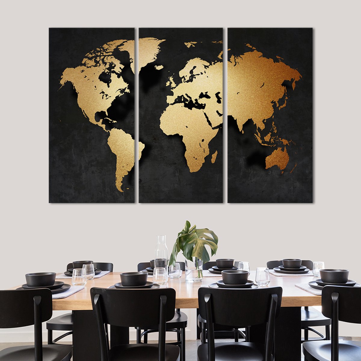 3D Golden World Map Multi Panel Canvas Wall Art