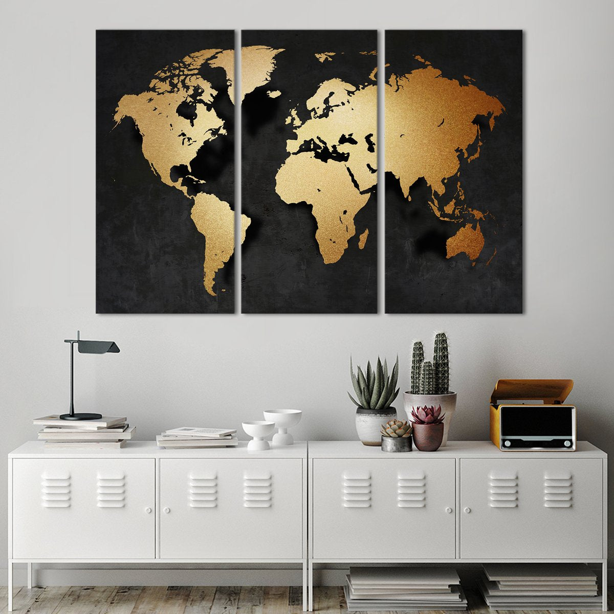 3D Golden World Map Multi Panel Canvas Wall Art