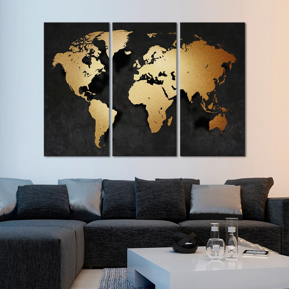 3D Golden World Map Multi Panel Canvas Wall Art
