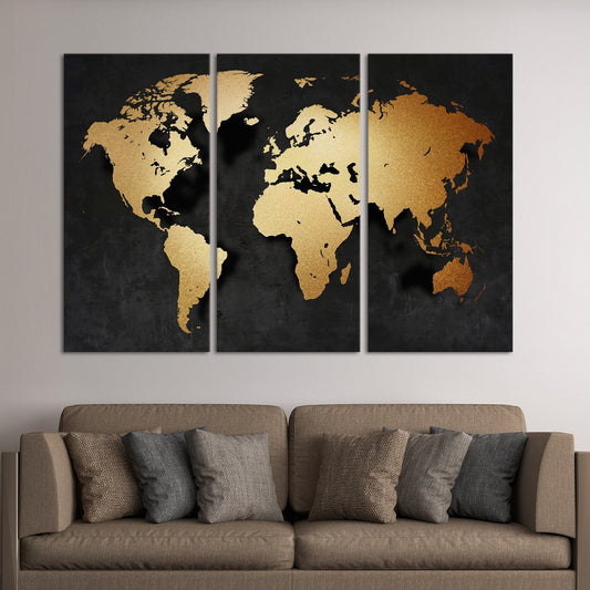 3D Golden World Map Multi Panel Canvas Wall Art