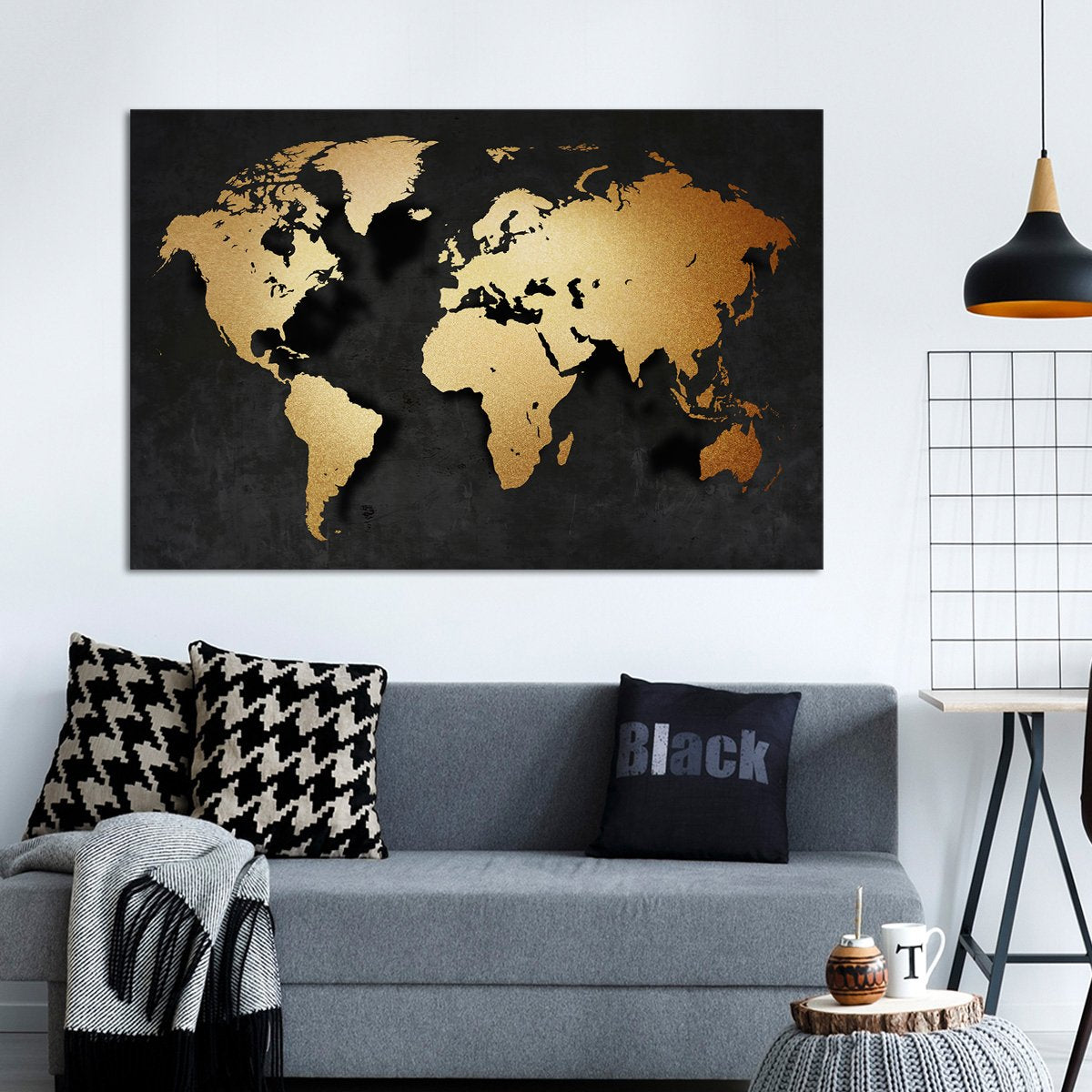 3D Golden World Map Multi Panel Canvas Wall Art