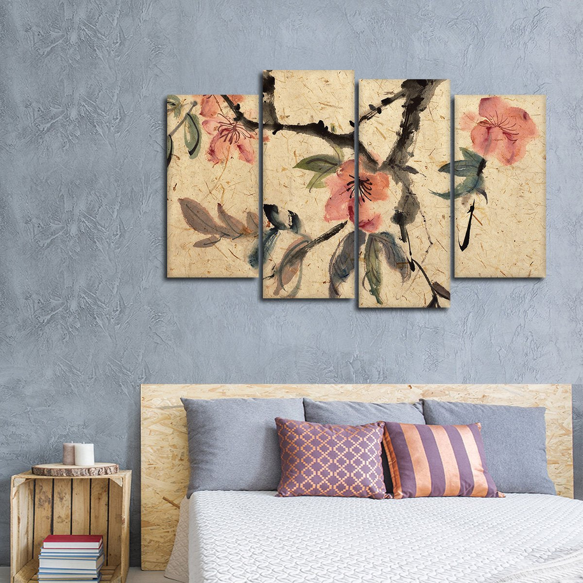 Asian Ink Flowers Multi Panel Canvas Wall Art