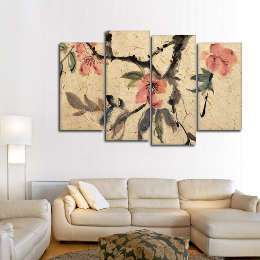 Asian Ink Flowers Multi Panel Canvas Wall Art