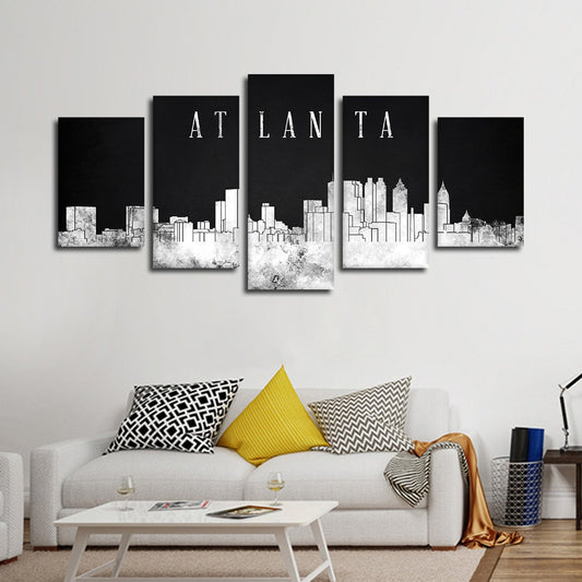 Atlanta Watercolor Skyline BW Multi Panel Canvas Wall Art