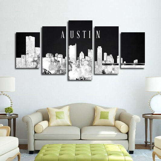 Austin Watercolor Skyline BW Multi Panel Canvas Wall Art