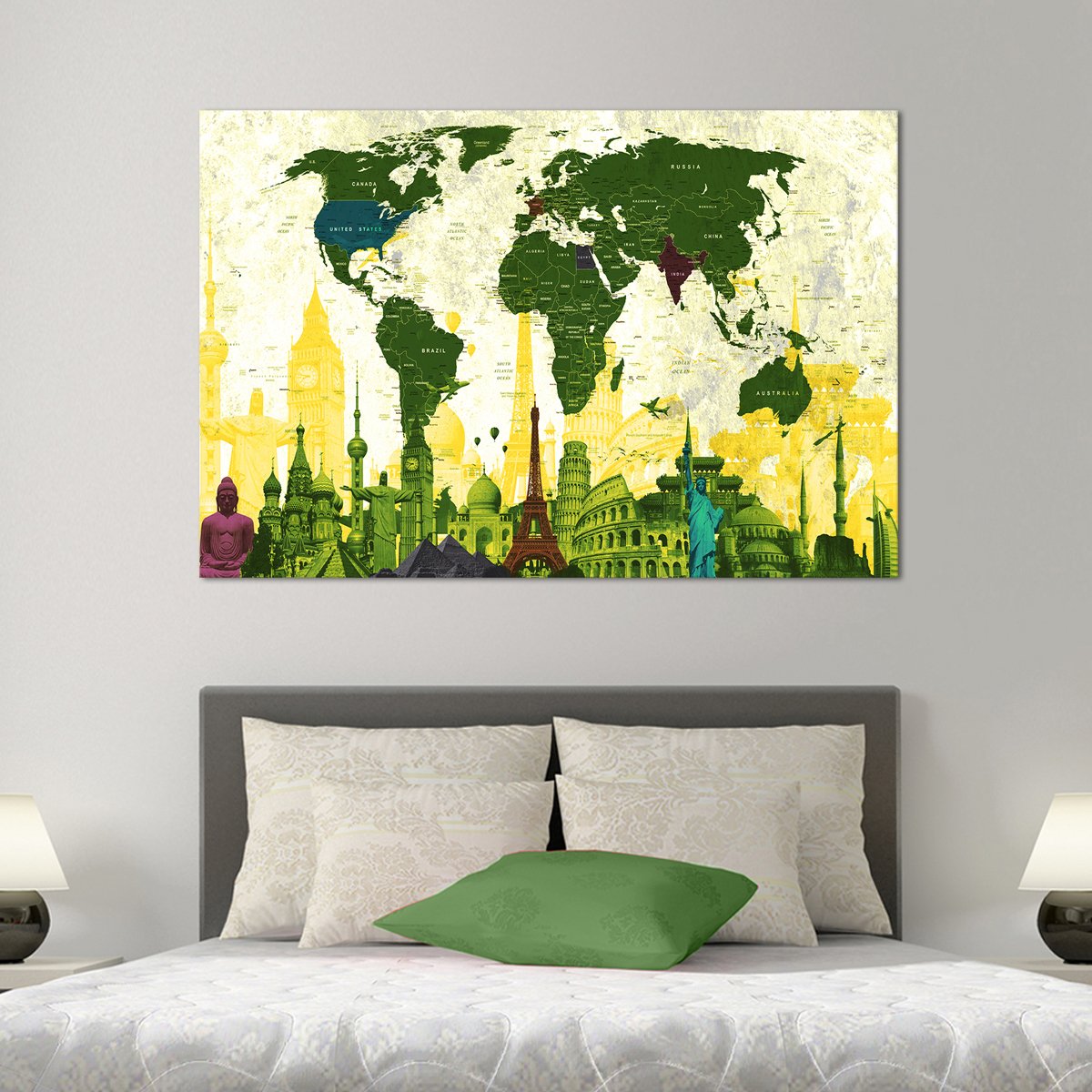 Country Landmarks World Map Masterpiece Multi Panel Canvas Wall Art