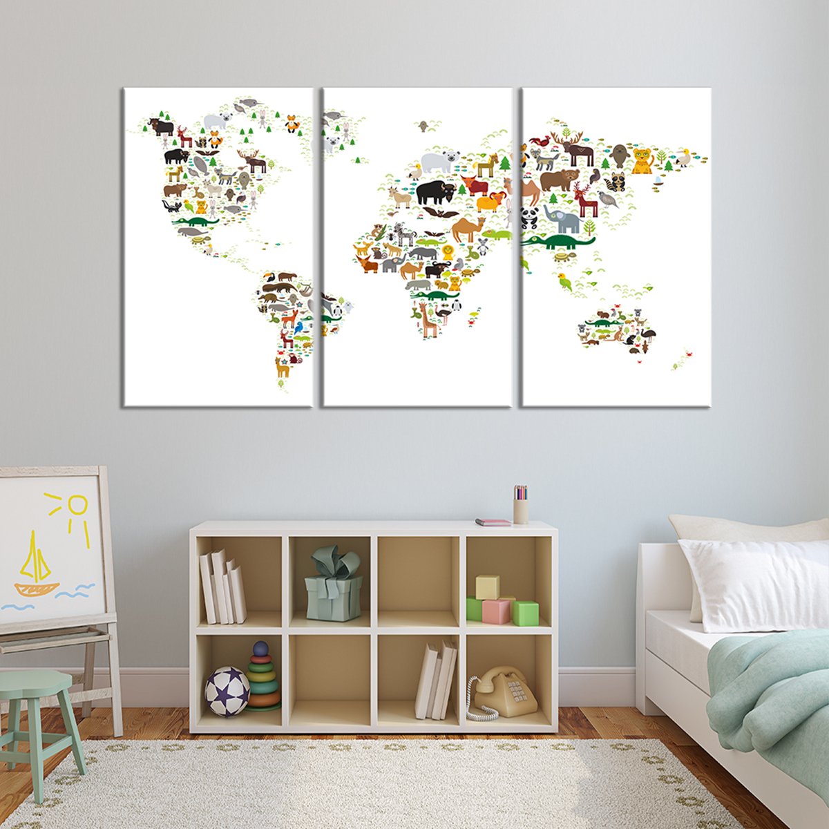 White Animals World Map Multi Panel Canvas Wall Art